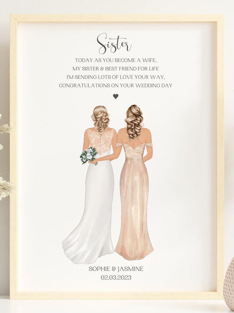 Custom wedding day illustration wedding gift for sister
