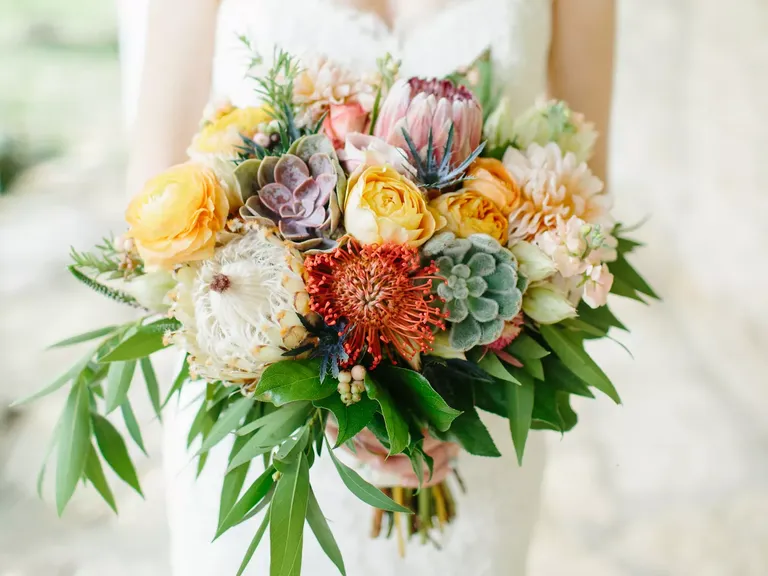 Summer Succulent Wedding Bouquet With Anemones and Roses