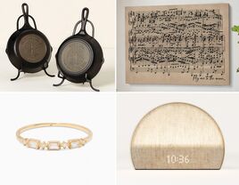 Four 41st anniversary gifts: personalized cast-iron pans, sheet music canvas art, a sunrise alarm clock, and a ring