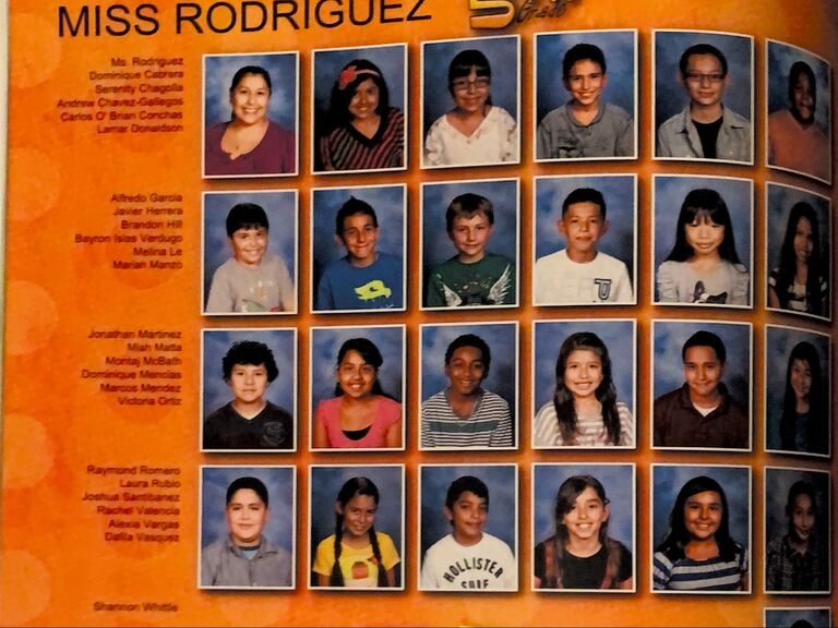 Carlos & Dominique met in 4th grade; this year book captures their 5th grade pictures. Both the bride and groom are both pictured in the first row.