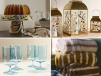 Collage of four Anthropologie wedding registry gifts including cake stand, lanterns, faux fur blankets and short wine glasses