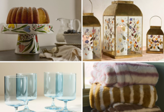 Collage of four Anthropologie wedding registry gifts including cake stand, lanterns, faux fur blankets and short wine glasses