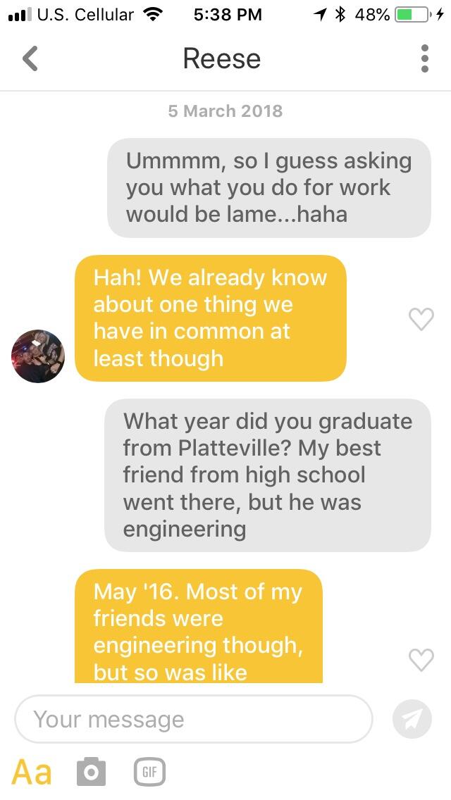 After swiping left twice, Morgan finally swipes right on Bumble. Morgan and Reese worked on different teams in the same lab space and knew of each other but never talked. Reese claims he always thought Morgan had a cute butt.