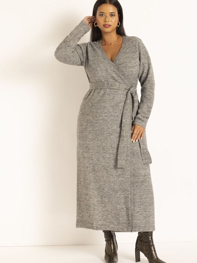 ELOQUII grey sweater dress with V-neckline, long sleeves, and a tie waist