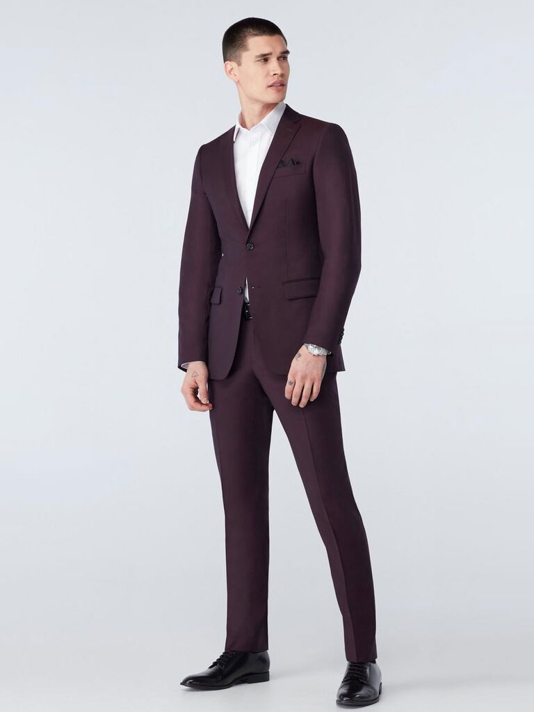 Indochino burgundy suit for formal winter weddings