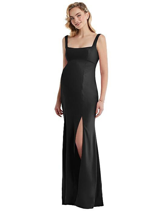 Cowl neck wide straps high leg slit stretch satin maxi dress $129