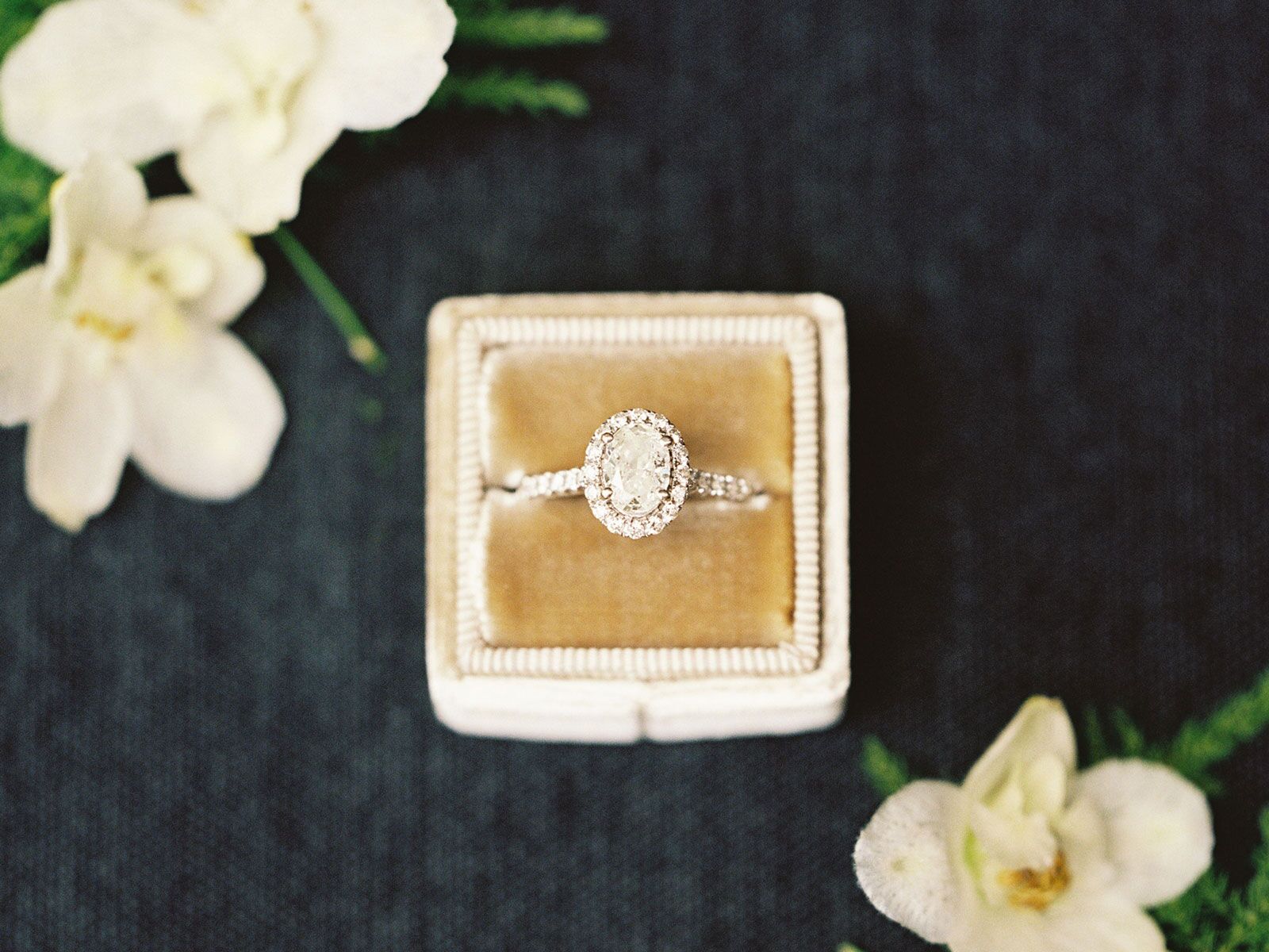 Oval engagement ring in velvet ring box