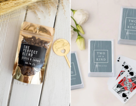 Rehearsal dinner favor ideas including custom coffee bags and playing cards