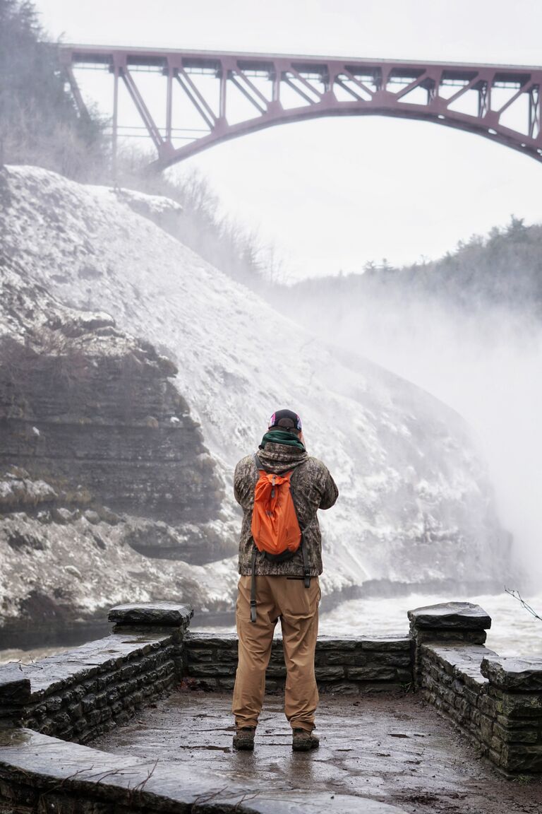 From snowstorms to rainstorms...Gina and Adam explored Letchworth State Park during a thaw. Pictured here is an invisible Adam and his backpack. 