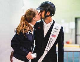 Nayel Nassar of Egypt kisses his girlfriend Jennifer Gates of USA after the Longines Grand Prix de New York, at the Longines Masters New York 2019, at NYCB Live, home of the Nassau Veteran's Memorial Coliseum on April 28, 2019 in Uniondale, New York. (Photo by Alexis Anice/ALeA/Getty Images)