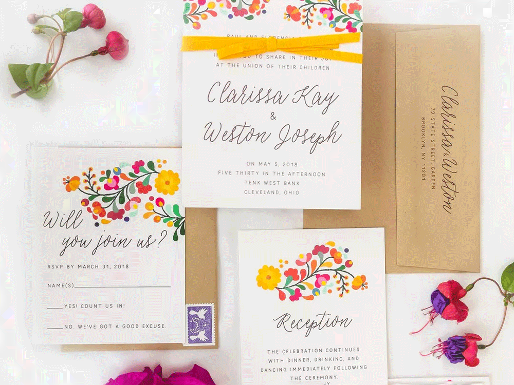 Colorful Cinco de Mayo inspired wedding invitation suite.
