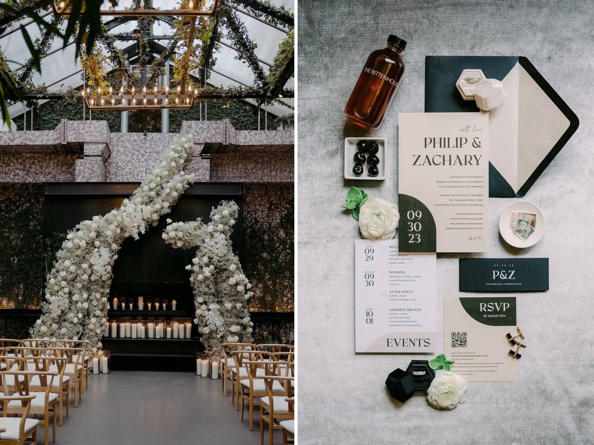 Modern wedding ideas including asymmetrical backdrop and masculine invitation suite