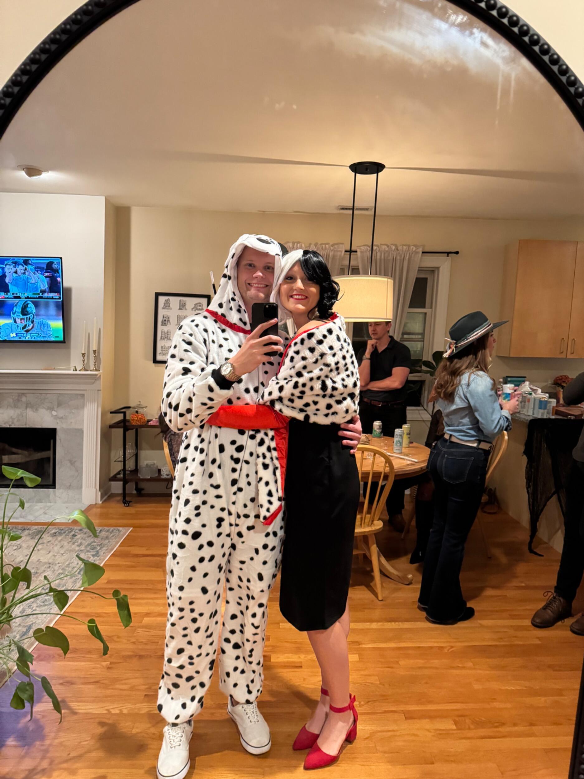 Dressed up as Cruella Deville and Pongo for Halloween!