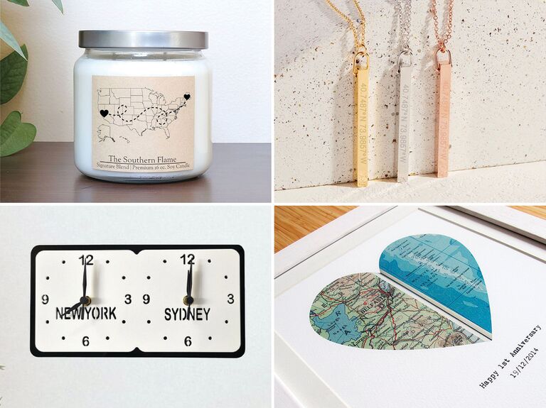 Four long distance relationship gift ideas: map candle, coordinate necklaces, custom map art, dual timezone clock