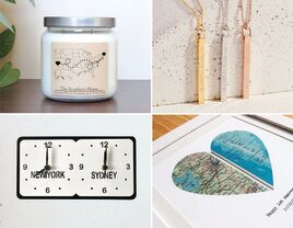 Four long distance relationship gift ideas: map candle, coordinate necklaces, custom map art, dual timezone clock