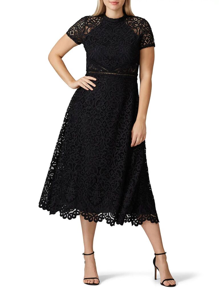 Monique Lhuillier black lace wedding guest dress from Rent the Runway