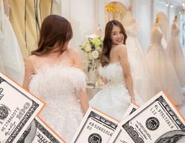 Bride in wedding dress looking away from the camera. 