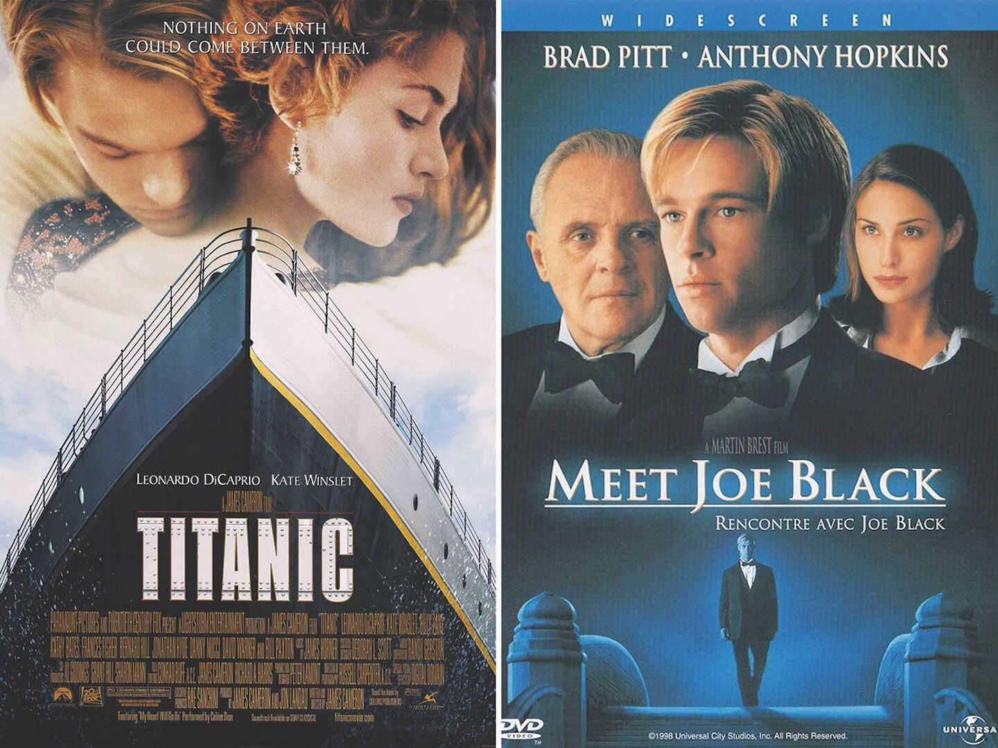 Collage of two movie posters. Titanic and Meet Joe Black