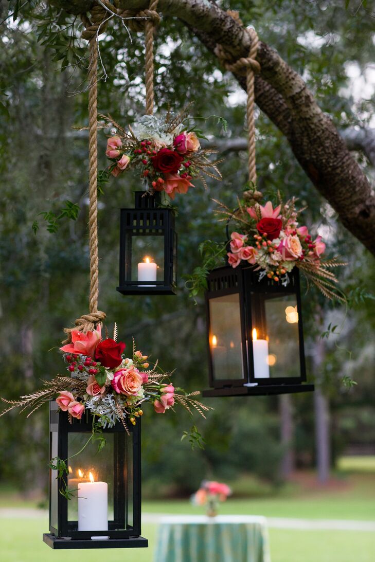 Pink Flower Decorated Hanging Lantern Wedding Decor