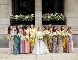 Bride and bridesmaids in spring floral dresses