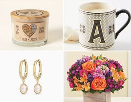 Four 43rd anniversary gifts: a personalized candle, a monogram mug, a flower bouquet, and opal earrings