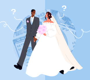 illustrated bride and groom in front of money background