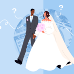 illustrated bride and groom in front of money background