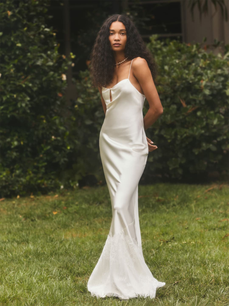 Simple and Elegant Slip Wedding Dress With Thin Spaghetti Straps and Low  Cut Back 