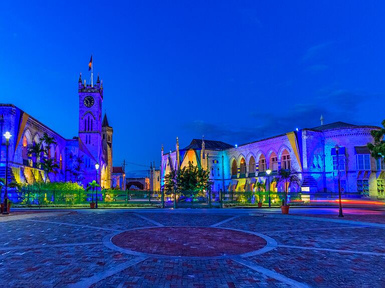National heroes square, Bridgetown, Barbados colourfully lit