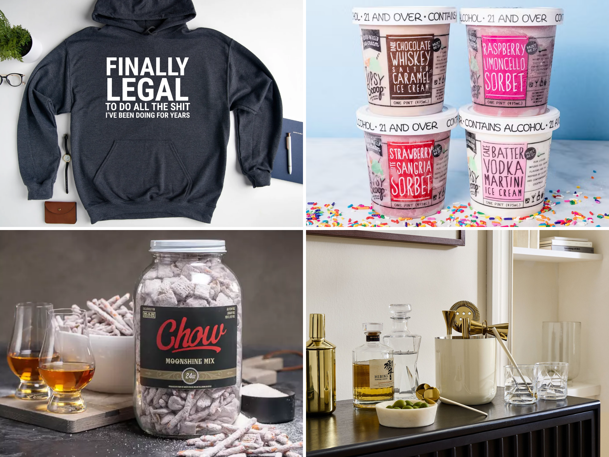 Collage of four 21st birthday gift ideas for boyfriend including sweatshirt, boozy ice cream, boozy snacks, and bar tools set