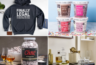 Collage of four 21st birthday gift ideas for boyfriend including sweatshirt, boozy ice cream, boozy snacks, and bar tools set