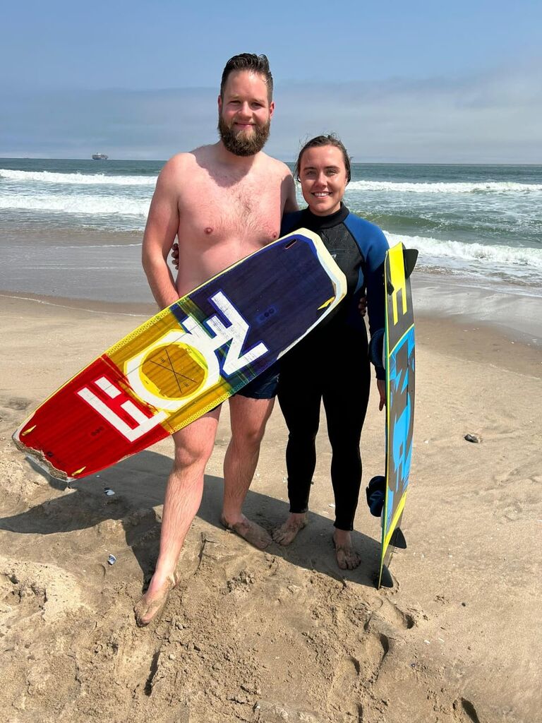 Matthias taught Zani how to wakeboard in the ocean in the middle of winter in Swakopmund.