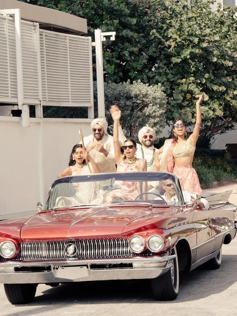 Vintage red convertible wedding car, taylor swift themed wedding
