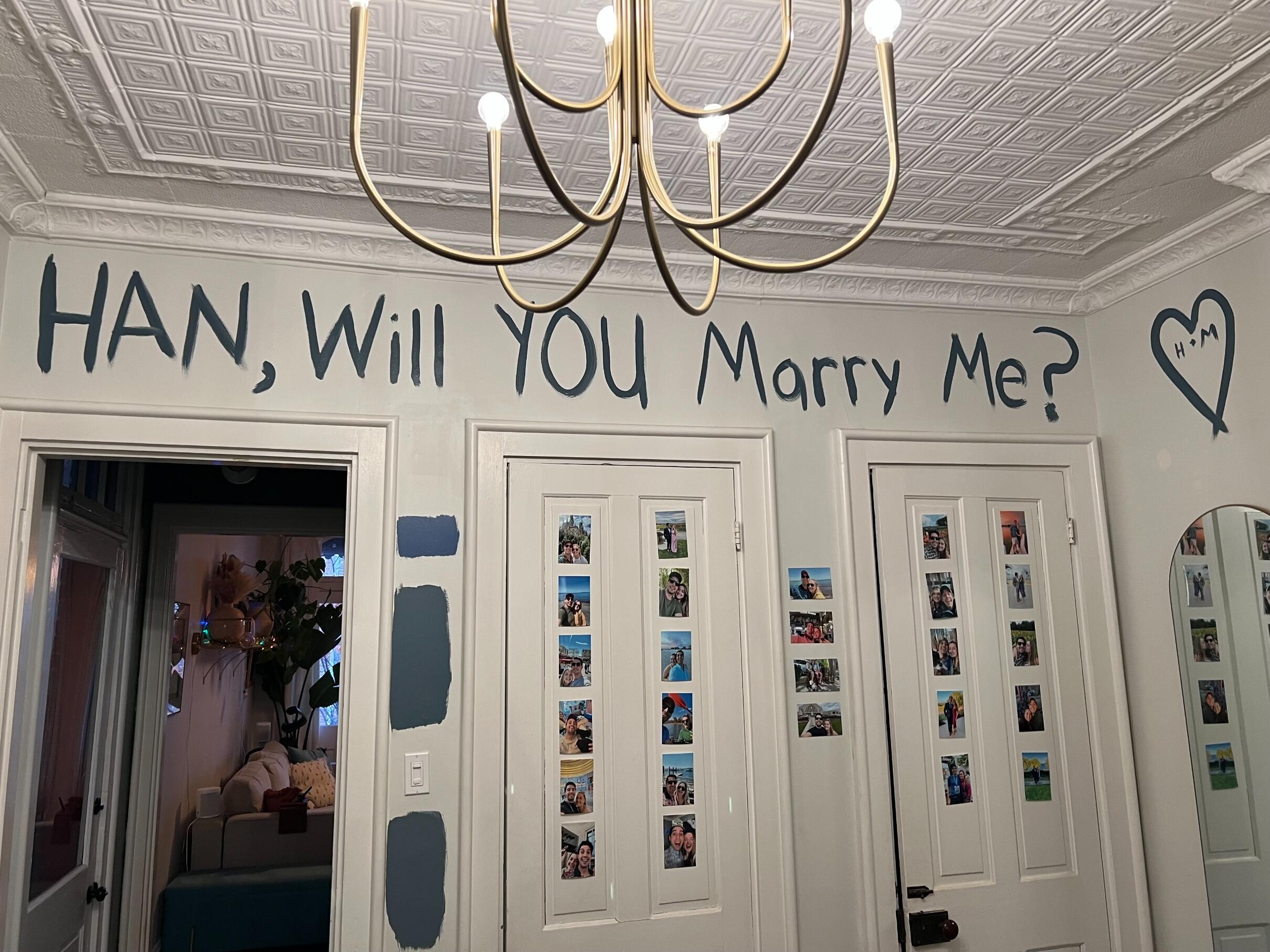 Two years later, against the backdrop of their dining room, Matt prepared the grand finale. He had used their most recent house project as a ploy to throw Hannah off his scent. Matt told her that there was new shade of blue he needed her opinion on. As Hannah stepped through the door that Friday evening, she was greeted by more than just a new hue on the walls... in Matt’s handwriting, in that Smokey Blue paint color, a question awaited her on the wall — “Han, Will you marry me?”

Amidst tears and laughter, Hannah said YES, sealing their love story with a promise of forever. Surrounded by their nearest and dearest they celebrated, toasting to love, friendship, and the enduring magic of unexpected beginnings.