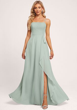 This charming bridesmaid dress features a flattering square neckline and thin straps, offering a simple yet sophisticated silhouette. The flowing A-line skirt adds a sense of elegance, while the cascading ruffles on the side give the dress a touch of femininity and movement. A daring leg slit brings a modern twist to the design, creating an alluring yet graceful look. At the back, the dress is finished with a clean zipper closure, enhancing the streamlined look. Perfect for a chic and elegant wedding, this dress combines timeless style with contemporary details.