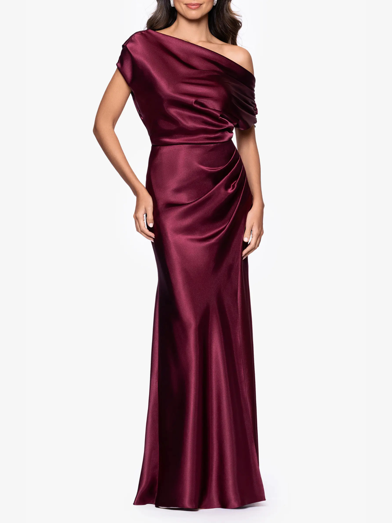 Burgundy satin one shoulder gown black tie optional wedding attire from Nordstrom