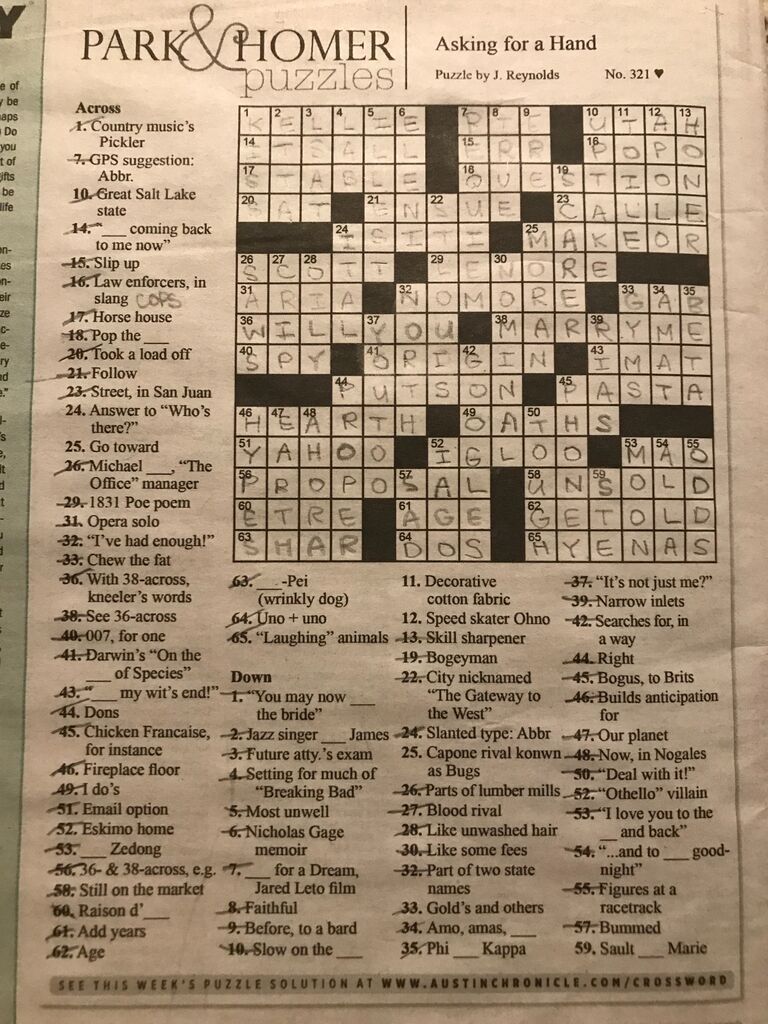 Jen proposes with the Austin Chronicle crossword puzzle and a ring that is far too big.