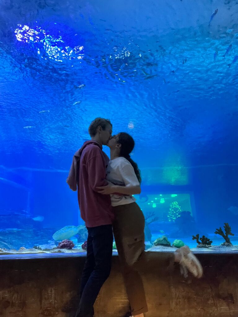 This was one of our first 'big' dates- we went to the Loveland Living Aquarium, snapped this pic, and then grabbed Swedish meatballs at Ikea.