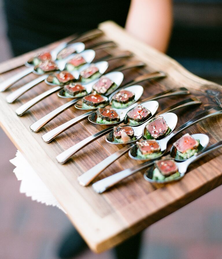 Deconstructed sushi served on a silver spoon