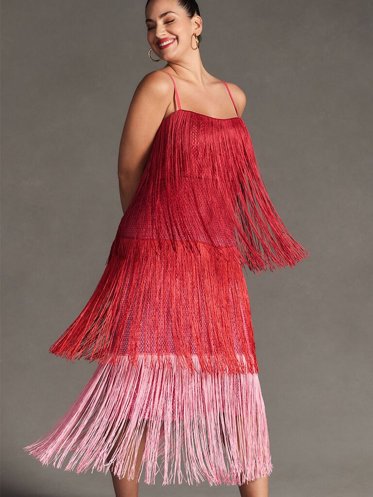 Let Me Be pink and red fringe tiered NYE wedding guest dress