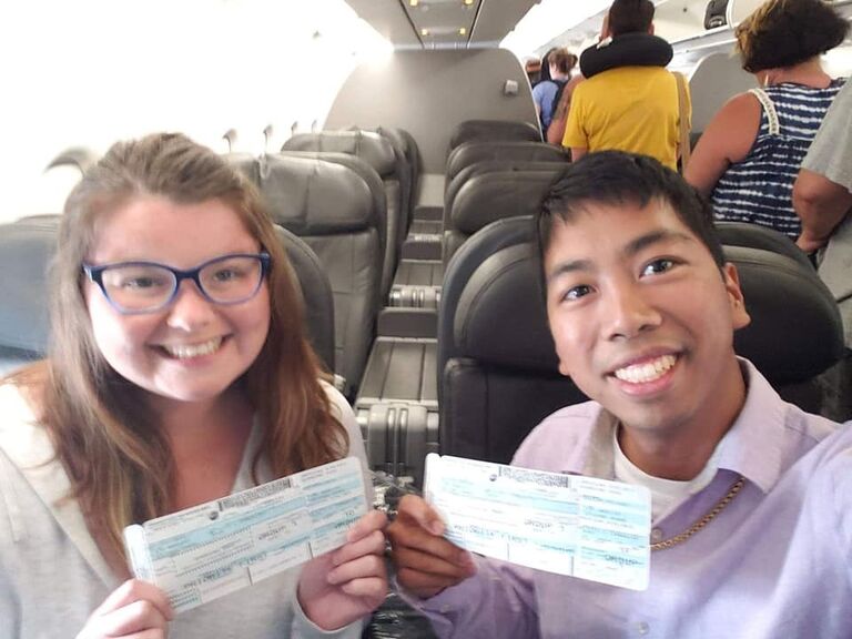 Victoria's first time ever flying first class, coming back from the cruise.
