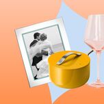 A photo collage of the best wedding gifts for couples getting married this year featuring a pot, martini glasses, photo frame, and blanket