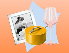 A photo collage of the best wedding gifts for couples getting married this year featuring a pot, martini glasses, photo frame, and blanket