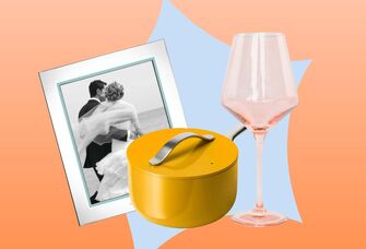 A photo collage of the best wedding gifts for couples getting married this year featuring a pot, martini glasses, photo frame, and blanket