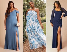 A collage of three inexpensive bridesmaid dresses under $100