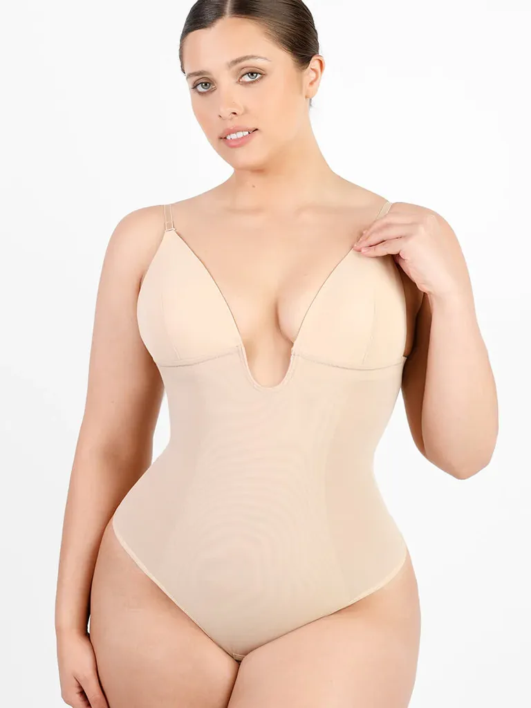 Women Plunging Deep V-Neck Strapless Backless Solid Plus Size Bodysuit  Seamless Thong Full Body Shapewear for Wedding Party