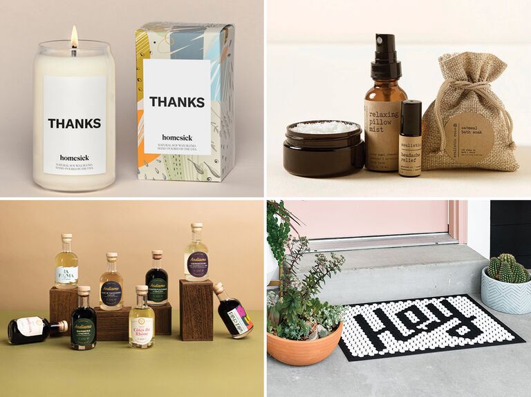 Collage of four thank you gifts including a candle, assortment of wines, door mat, and a self care kit. 
