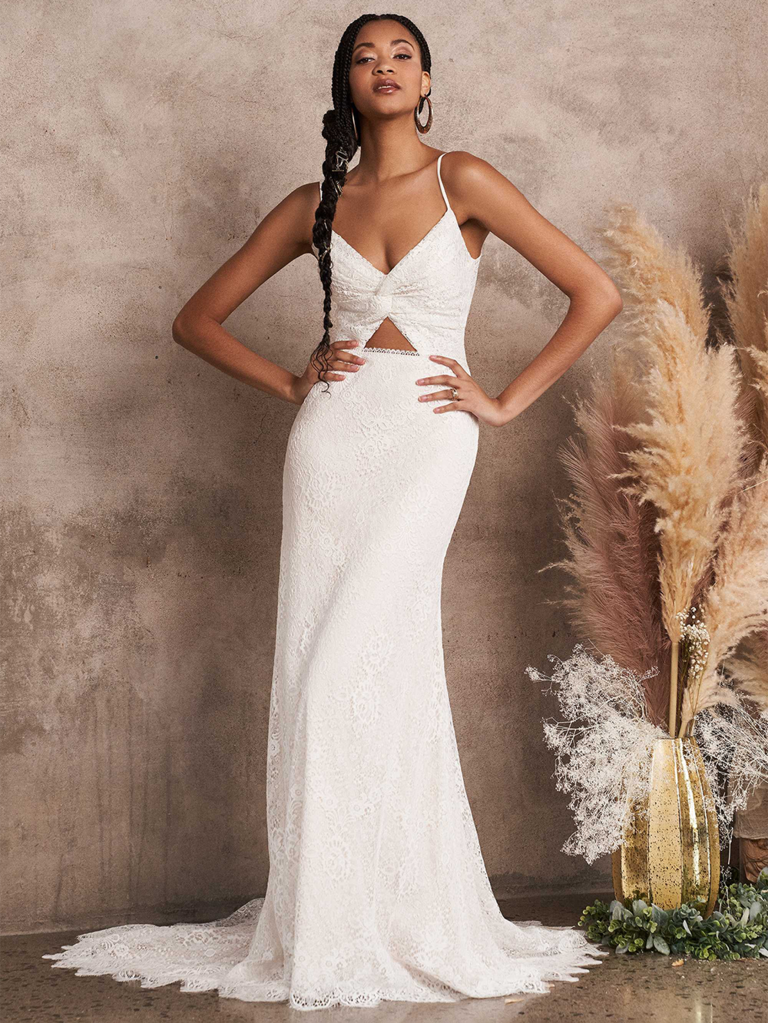 Lace gown with twist and cutout in bodice