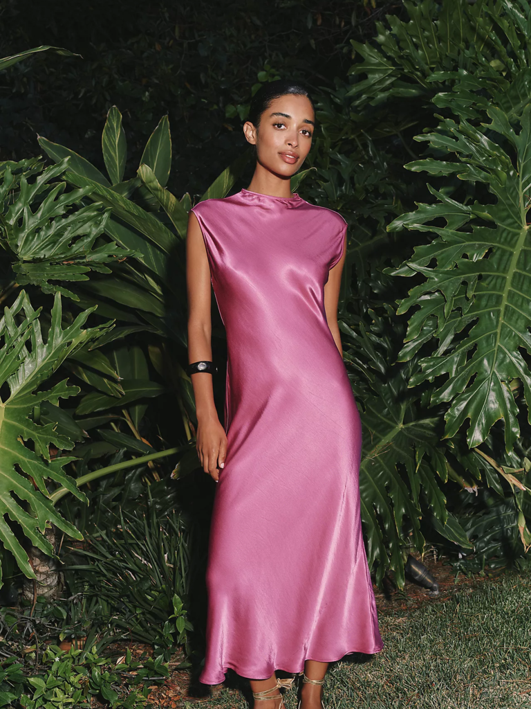 Maeve mock-neck slip bridesmaid rehearsal dinner dress