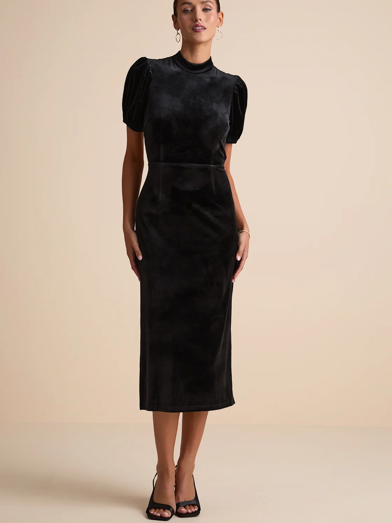 Lulus velvet puff sleeve midi bridesmaid rehearsal dinner dress